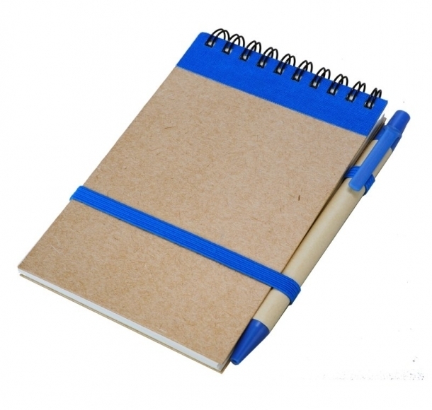 Notes Kraft 90x140/70k gładki z długopisem, niebieski/beżowy, kolor Niebieski