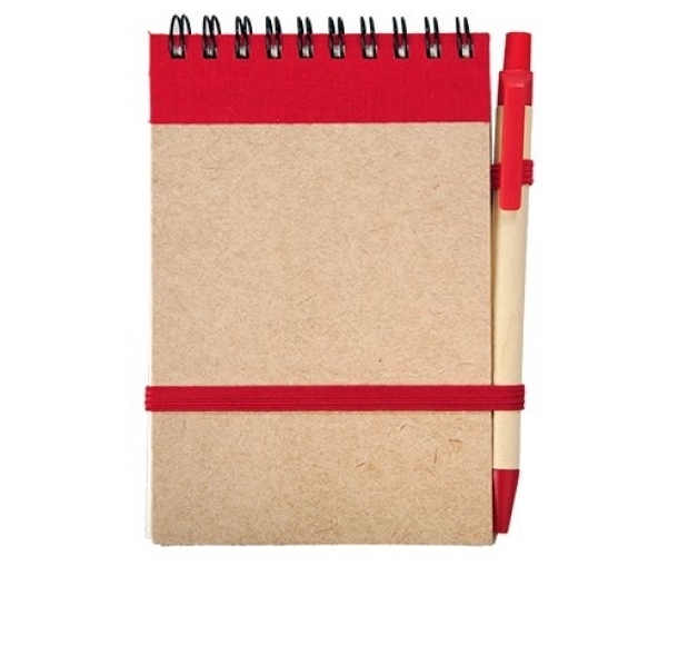 Notes Kraft 90x140/70k gładki z długopisem, czerwony/beżowy, kolor Czerwony