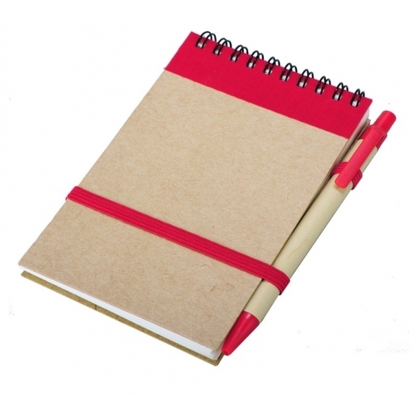 Notes Kraft 90x140/70k gładki z długopisem, czerwony/beżowy, kolor Czerwony