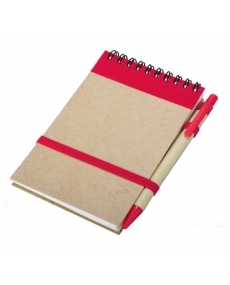 Notes Kraft 90x140/70k gładki z długopisem, czerwony/beżowy