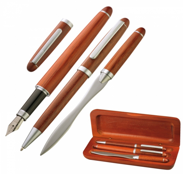 3-częściowy drewniany zestaw z długopisem, wiecznym piórem i otwieraczem do listów, kolor Brązowy