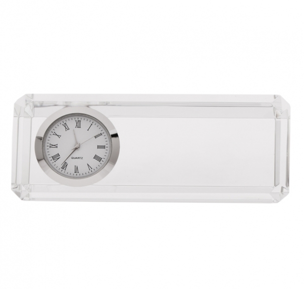 Kryształowy przycisk do papieru z zegarem Cristalino, transparentny, kolor Transparentny
