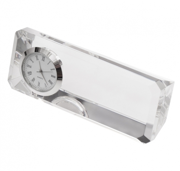 Kryształowy przycisk do papieru z zegarem Cristalino, transparentny, kolor Transparentny